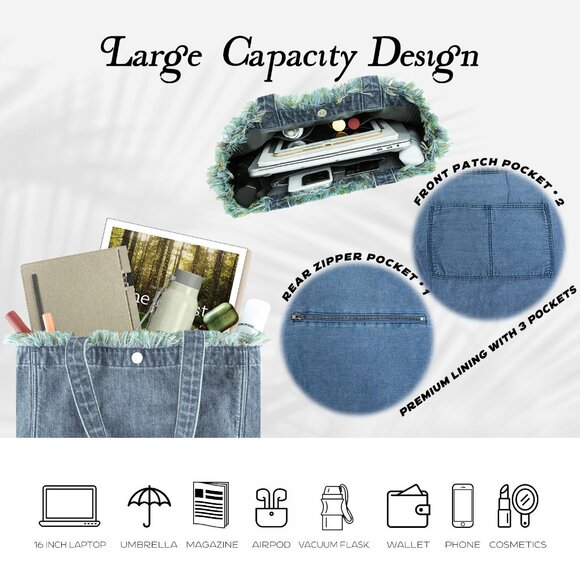 Brand New with Tag - Forest-Inspired Green Fringe Boho Denim Tote Bag - Picture 5 of 8